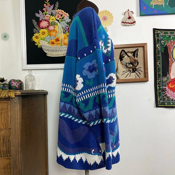 Vintage Blue Flower Graphic Sweater, 1990s Textured Cotton Floral Sweater Sz L - Picture 6 of 10